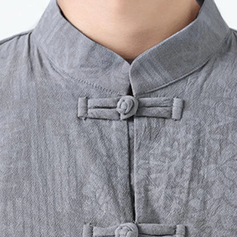 Buddha Stones Summer Flowers Grass Pattern Tang Suit Men's Frog-Button Half Sleeve Cotton Shirt With Pockets