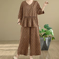 Buddha Stones 2pcs Striped Pattern Short Sleeve Shirt Polyester 7 Length Harem Pants Set With Pocket