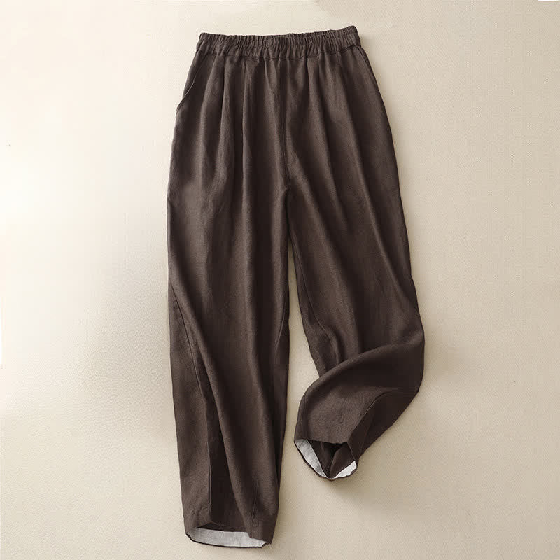 Buddha Stones Summer Plain Elastic Waist Two-tone Cuffs Cropped Women's Tapered Pants With Pockets