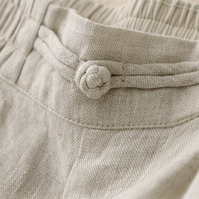Buddha Stones Daily Solid Color Elastic Waistband Frog-Button Cotton Women's Wide Leg Pants With Pockets