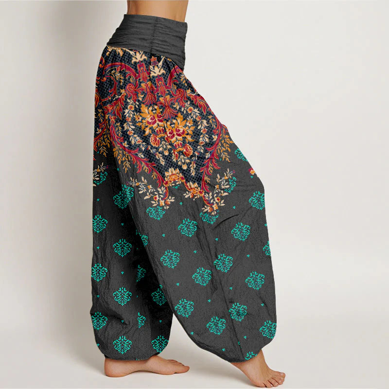 Buddha Stones Cotton Symmetrical Leaf  Scroll Pattern Women's Elastic Waist Harem Pants