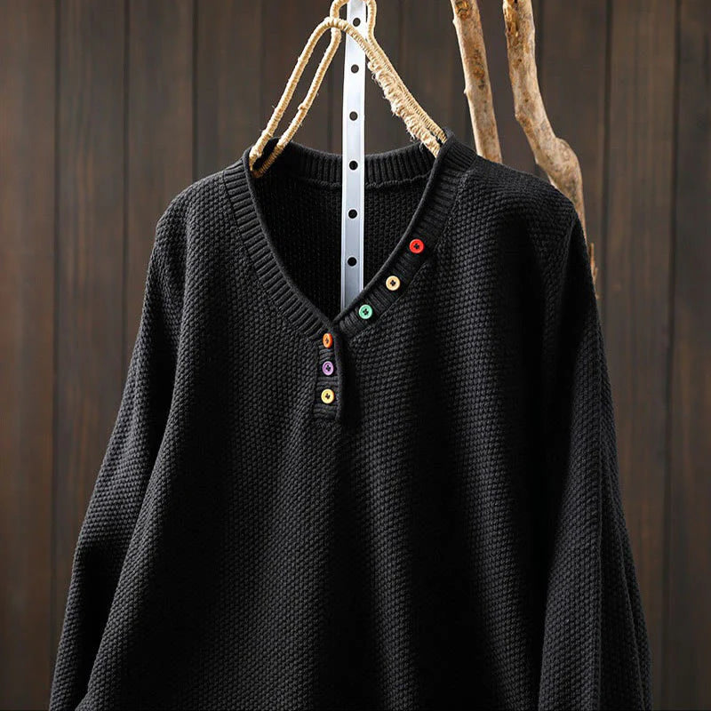 Buddha Stones Fall Colorful Buttons V-Neck Cotton Women's Long Sleeve Knitted Sweater