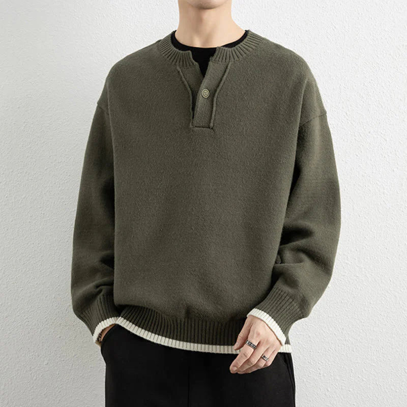 Buddha Stones Winter V-Neck One Button Design Warm Men's Long Sleeve Knitted Sweater