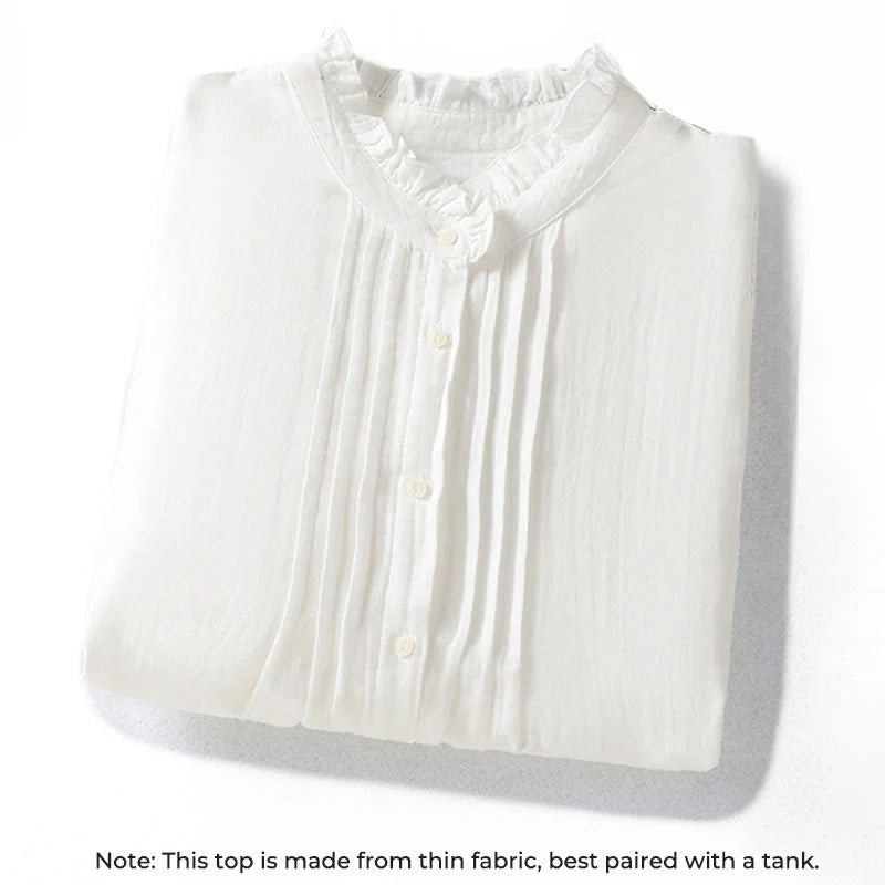 Buddha Stones White Ruffled Collar Long Sleeve Women's Cotton Shirt