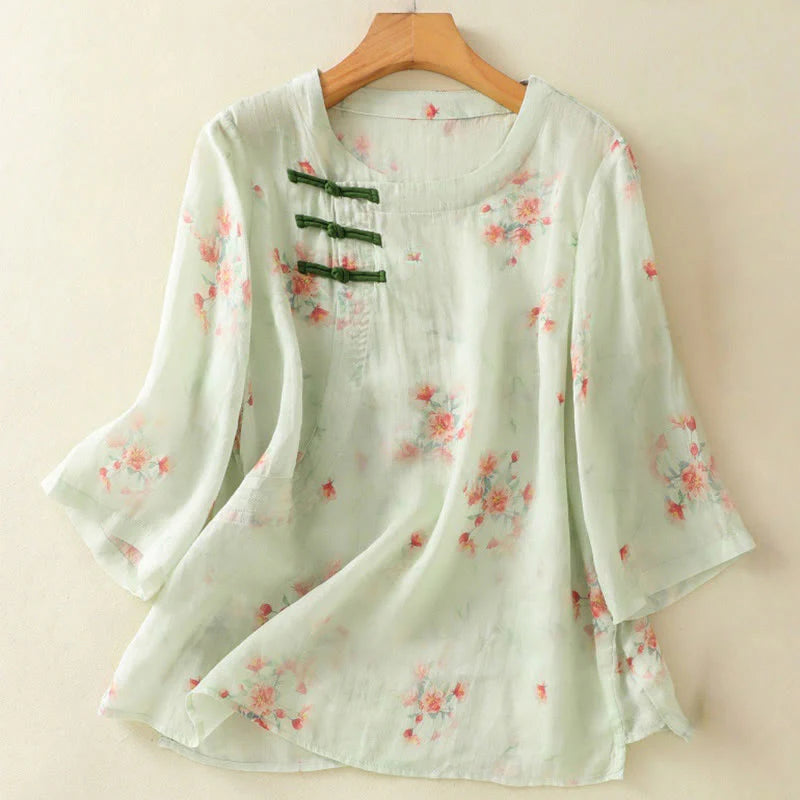 Buddha Stones Plant Printed Crew Neck Frog Button Design Women's Polyester Three Quarter Sleeve Shirt