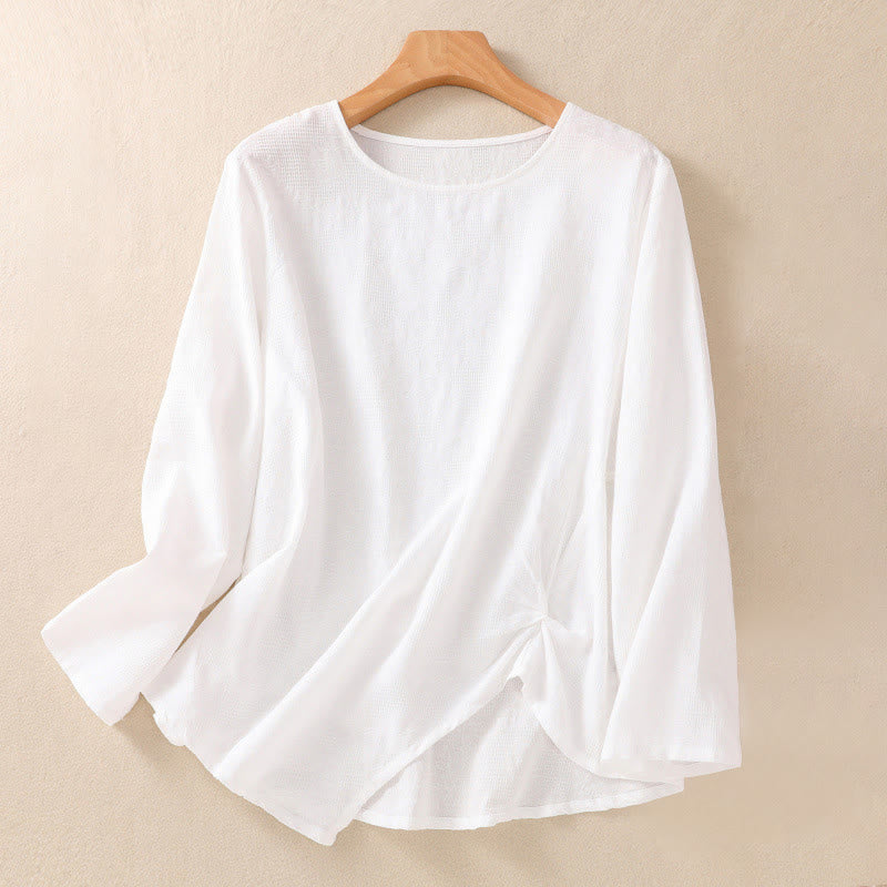Buddha Stones Jacquard Irregular Hem Pleated Design Women's Cotton Long Sleeve Shirt