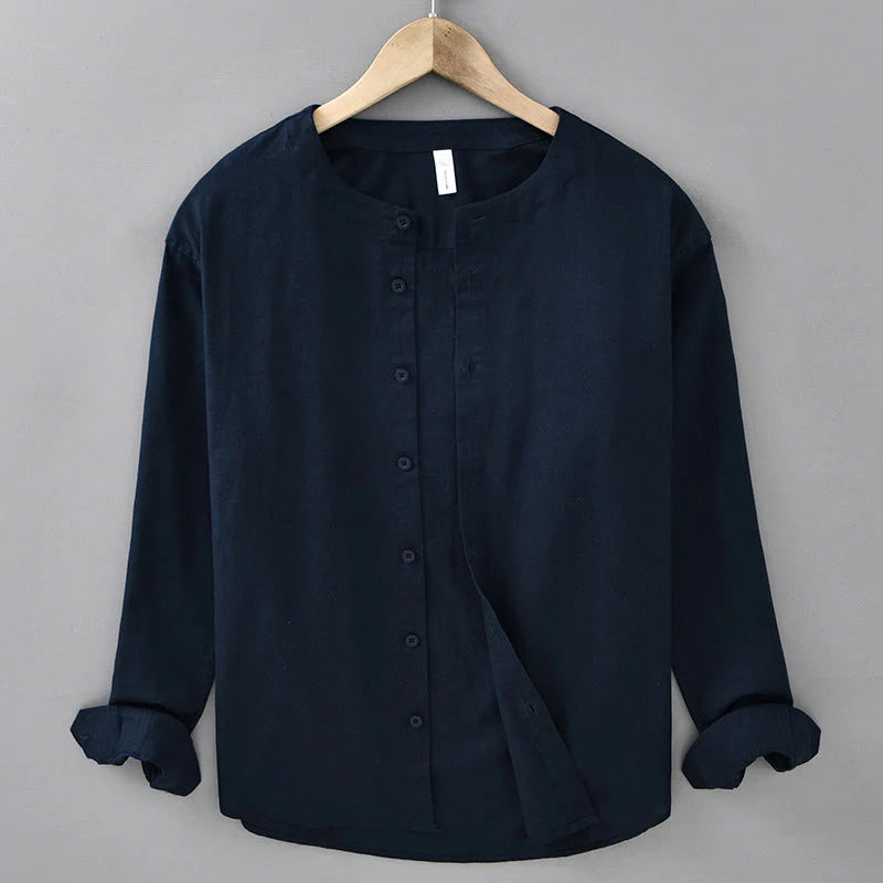 Buddha Stones Men's Spring Pure Color Stand Collar Cotton Linen Long Sleeve Shirt