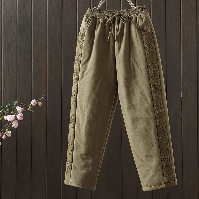 Buddha Stones Flower Pattern Cotton Polyester Embroidery Thick Women's Pants With Pockets