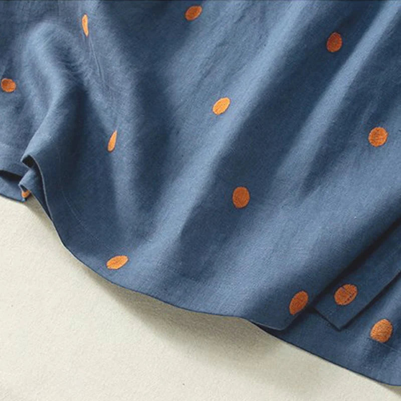 Buddha Stones Casual Dot Pattern Short Sleeve Lace-up Cotton Linen Women's Midi Dress With Pockets