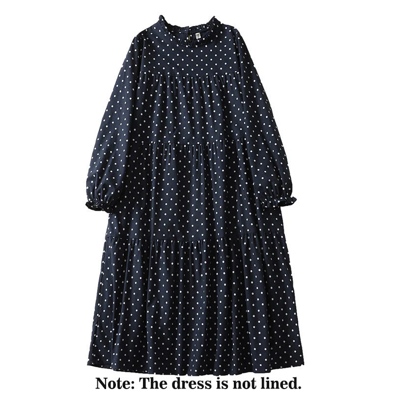 Buddha Stones Spring Dot Pattern Ruffle Crew Neck Long Sleeve Cotton Linen Midi Dress With Pockets