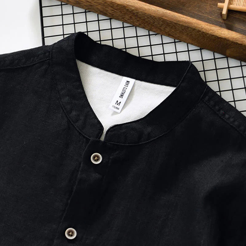 Buddha Stones Fall Solid Color Buttons Down Stand Collar Three Quarter Sleeve Linen Men's Shirt With Pockets