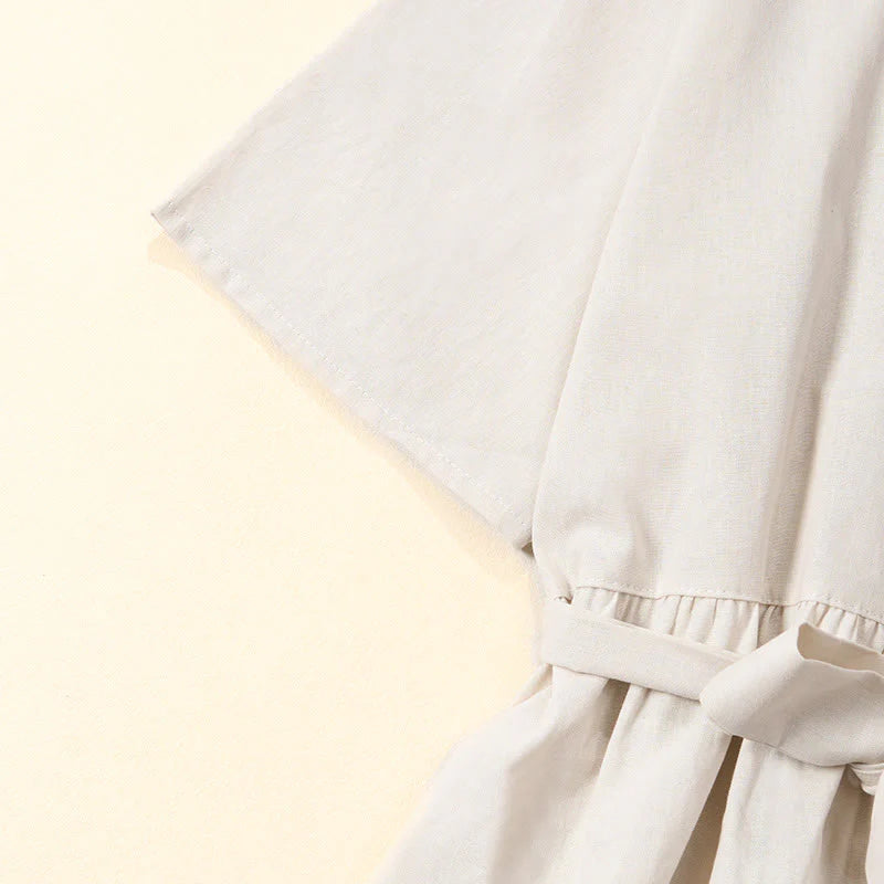 Buddha Stones Summer Solid Color Lace-up A-line Design Short Sleeve Midi Dress With Pockets