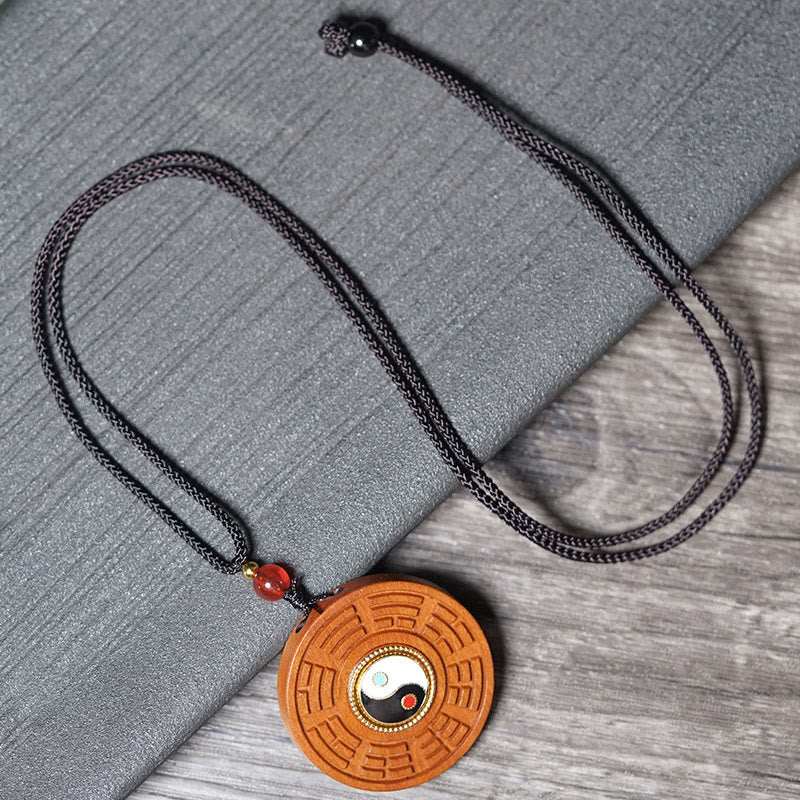 Buddha Stones Lightning Struck Jujube Wood Yin Yang Bagua Luck Necklace Pendant