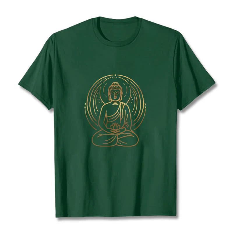 Buddha Stones Golden Meditation Buddha Halo Holding A Lotus Flower Tee T-shirt