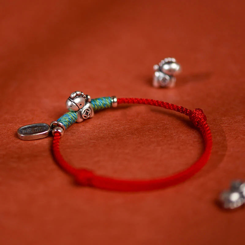 Buddha Stones 999 Sterling Silver Year Of The Horse 925 Sterling Silver Peace And Joy Charm String Braided Luck Bracelet Anklet