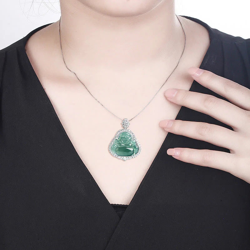 Buddha Stones Laughing Buddha Natural Jade Luck Abundance Titanium Steel Chain Necklace Pendant