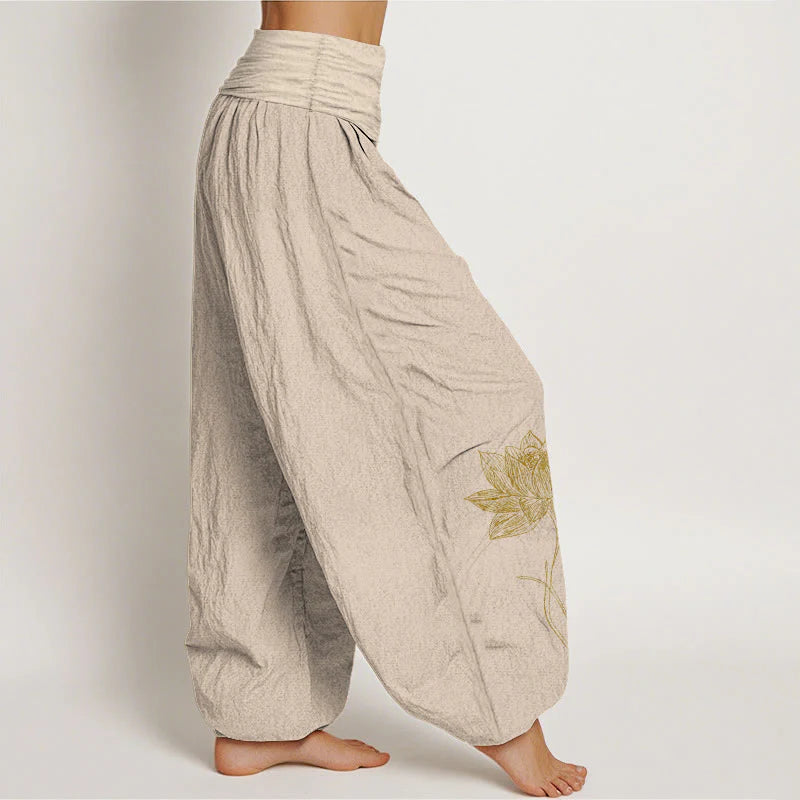 Buddha Stones Pure Cotton Elegant Lotus Flower Pattern Women's Elastic Waist Harem Pants