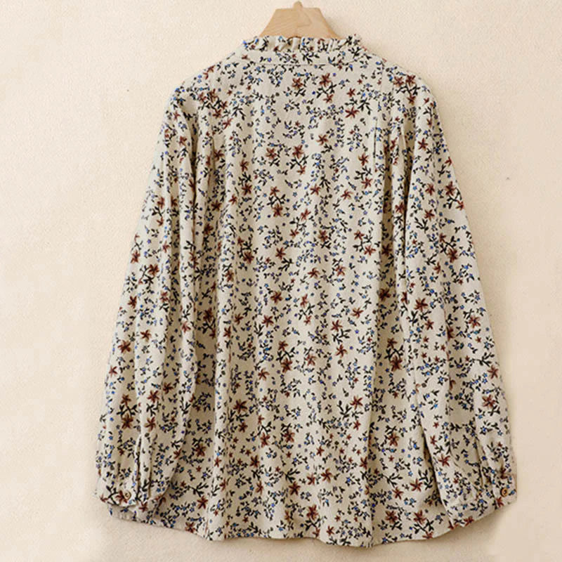 Buddha Stones Fall Floral Print Buttons Down Design Women's Cotton Long Sleeve Shirt