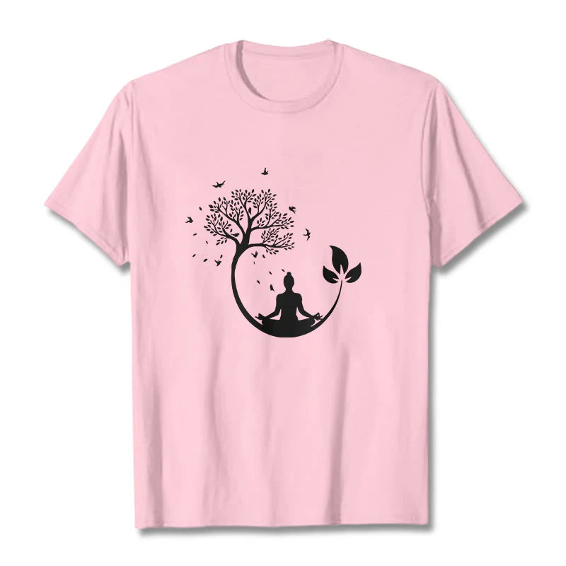 Buddha Stones Buddha Meditating In A Tree Pattern Cotton Tee T-shirt