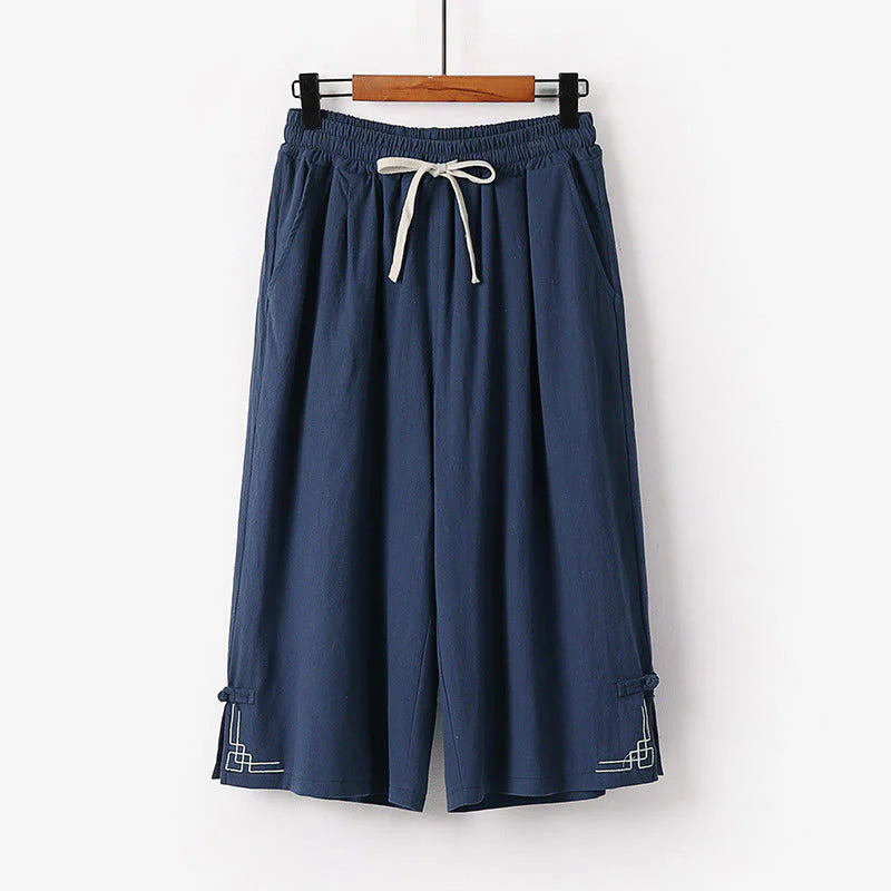 Buddha Stones Plain Drawstring Design Men's Capri Cropped Cotton Linen Wide Leg Pants With Pockets