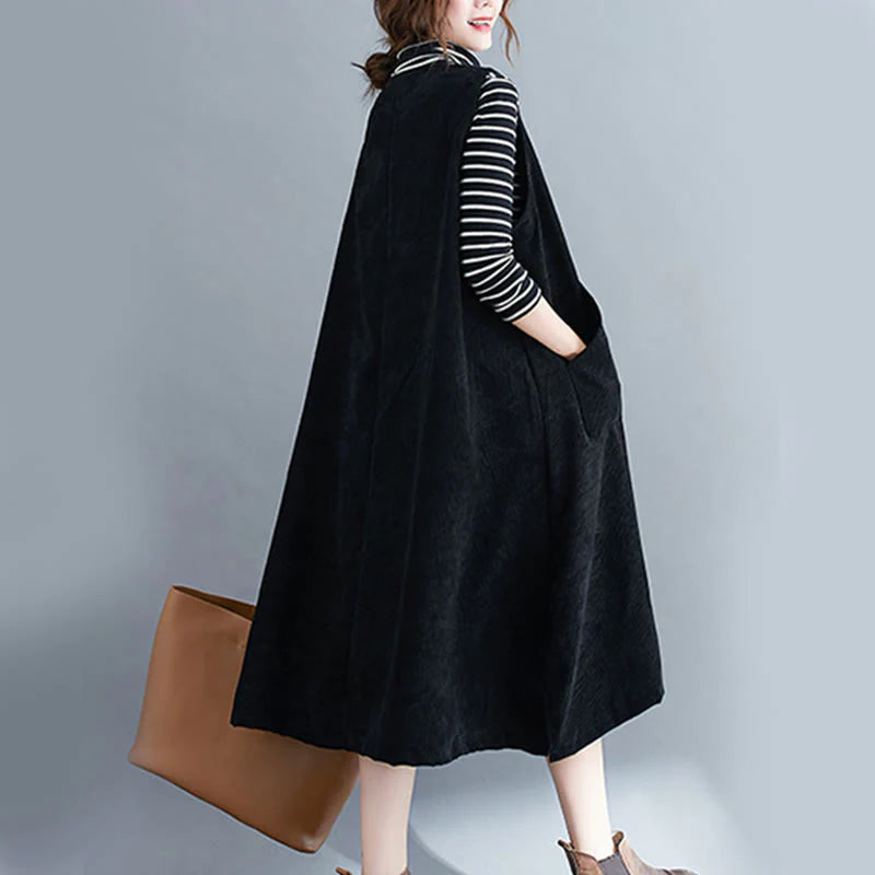 Buddha Stones Commute Crew Neck Women's Sleeveless Cotton Corduroy Midi Dress With Pockets