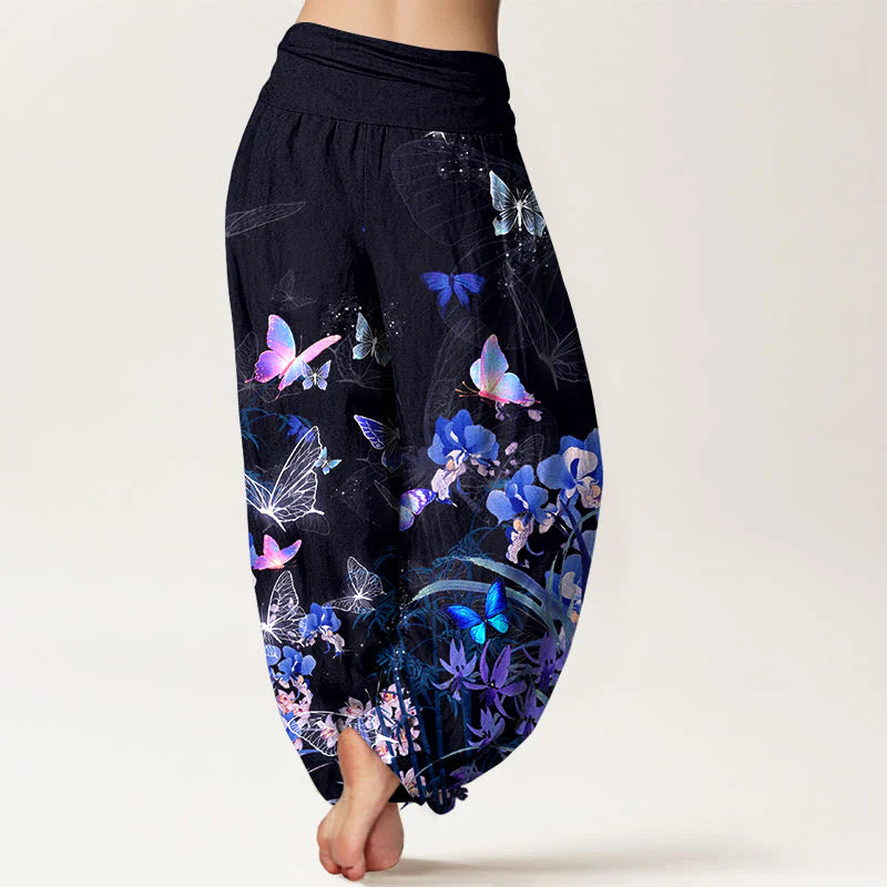 Buddha Stones Pure Cotton Dreamlike Butterfly Flower Grass Bamboo Pattern Women's Elastic Waist Harem Pants