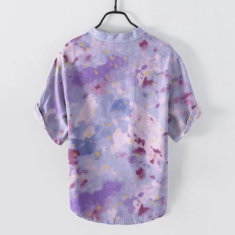 Buddha Stones Cotton Watercolor Splash Men's Short Sleeve Half Button Shirt
