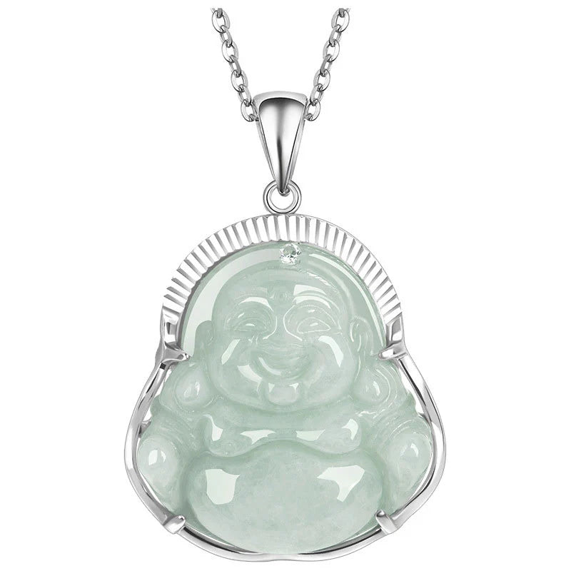 Buddha Stones Laughing Buddha Jade Luck Calm Titanium Steel Chain Necklace Pendant