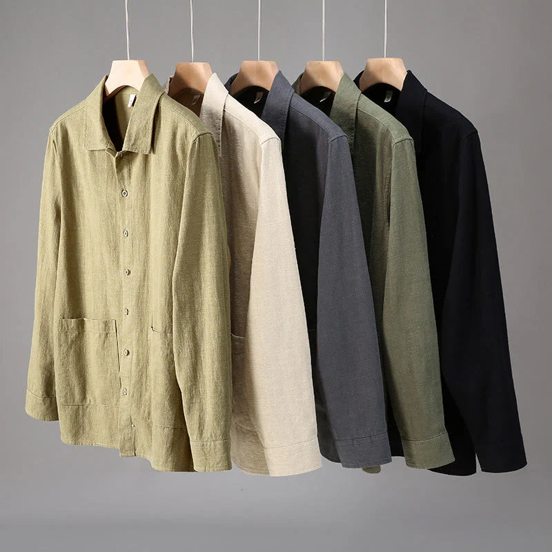Buddha Stones Solid Color Long Sleeve Buttons Shirt Men Ramie Cotton Clothing With Pockets