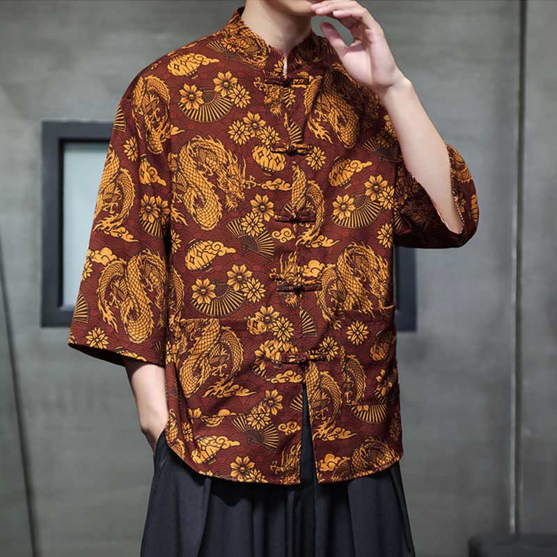 Buddha Stones Spring Frog-Button Dragon Mountain Flower Three Quarter Sleeve Tang Suit Men's Shirt With Pockets
