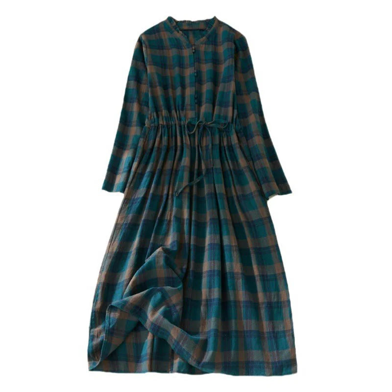 Buddha Stones Plaid Ruffled V-Neck Long Sleeve Drawstring Cotton Linen Midi Dress With Pockets
