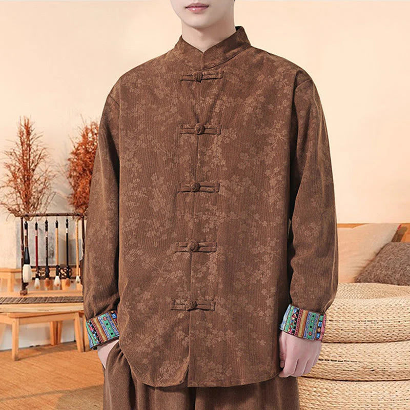 Buddha Stones Plain Plum Blossom Pattern Long Sleeve Men's Cotton Corduroy Tang Suit Jacket
