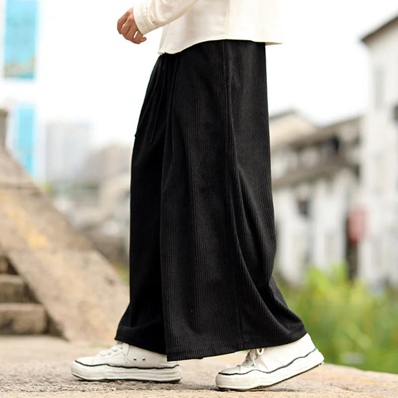 Buddha Stones Fall Solid Color Drawstring Design Men's Corduroy Wide Leg Pants With Pockets