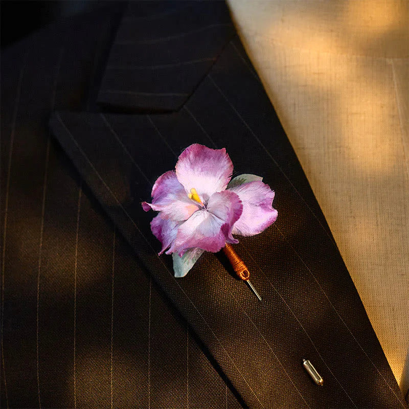 Buddha Stones Handcrafted Silk Art Velvet Flower Iris Flower Brooch