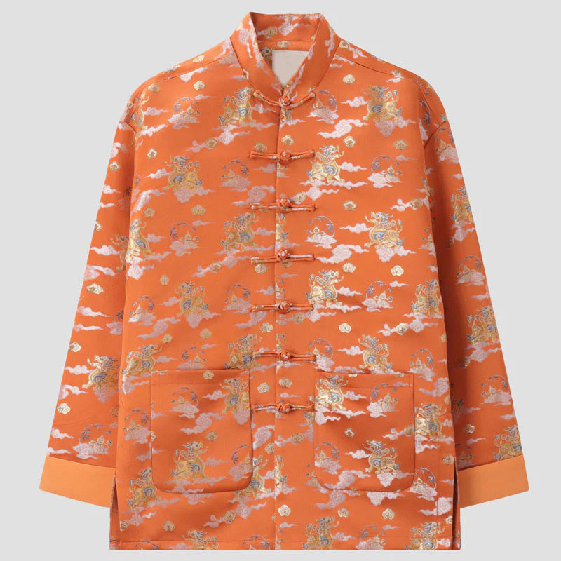 Buddha Stones Orange Kirin Auspicious Clouds Frog-Button Long Sleeve Men's Jacket With Pockets