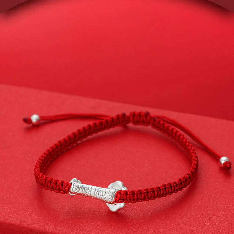 Buddha Stones 999 Sterling Silver Ruyi Fu Character Luck Red String Connection Braided Bracelet