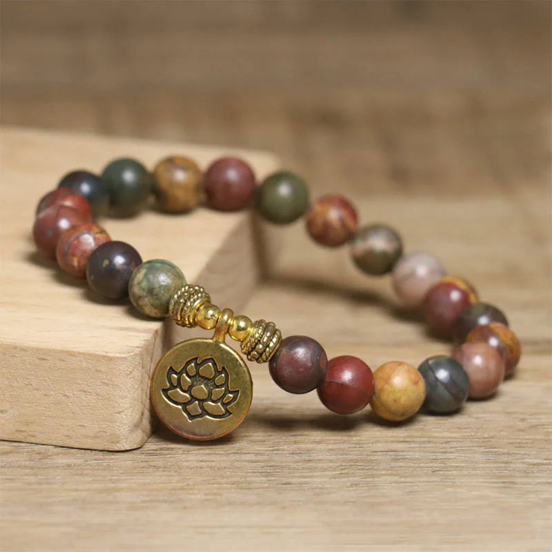 Buddha Stones Natural Colorful Emperor Stone Lotus Pattern Anti-stress Bracelet