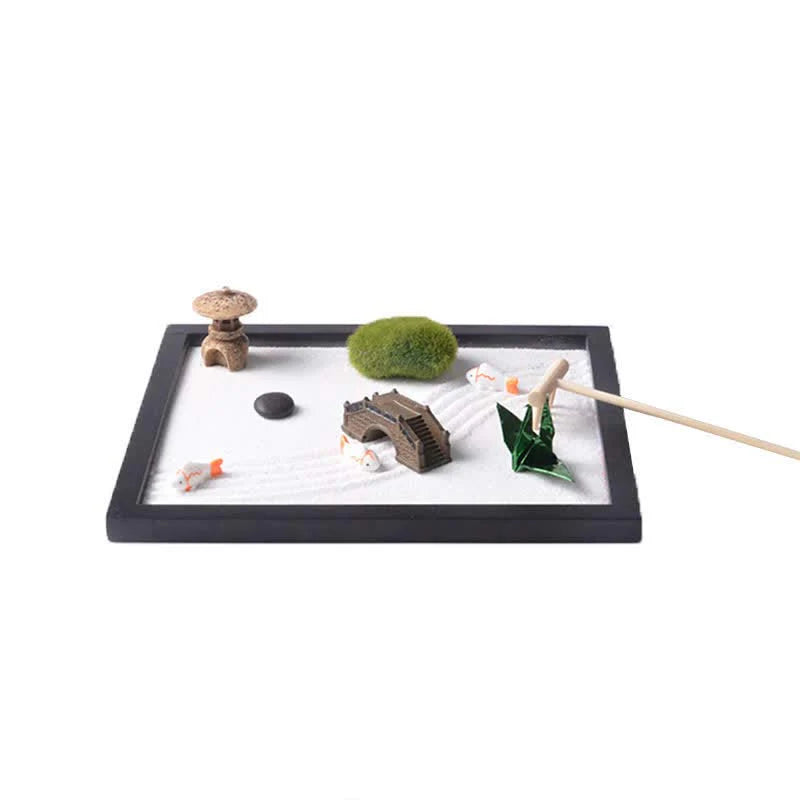 Buddha Stones Koi Fish Small Bridge Grass Landscape Peace Meditation Zen Garden Decoration