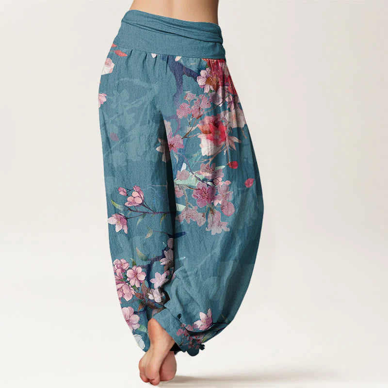 Buddha Stones Cotton Red Pink Blooming Flowers Lush Branches Women's Elastic Waist Harem Pants