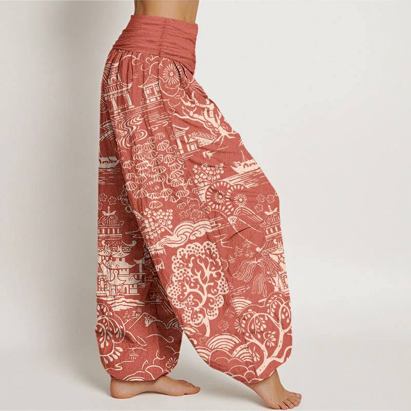 Buddha Stones Cotton Exquisite Tree Building Cloud Pattern Women's Elastic Waist Harem Pants