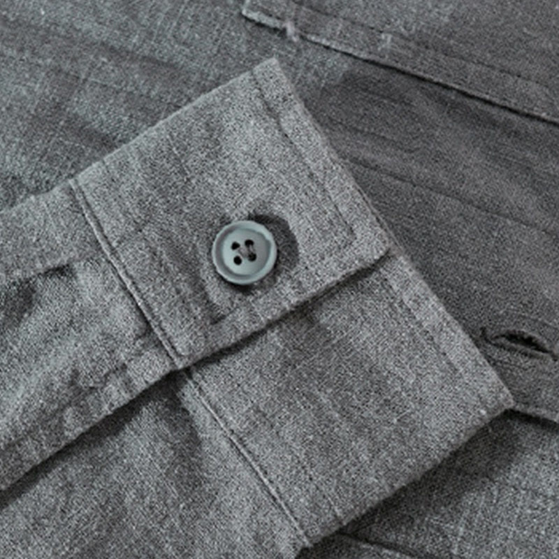 Buddha Stones Commute Fall Solid Color Lapel Men's Long Sleeve Cotton Linen Shirt With Pocket