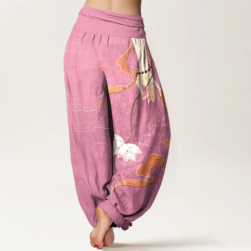 Buddha Stones Pure Cotton Lotus Flower Flowing Ribbons Hand Wearing Prayer Beads Clouds Pattern Women's Elastic Waist Harem Pants