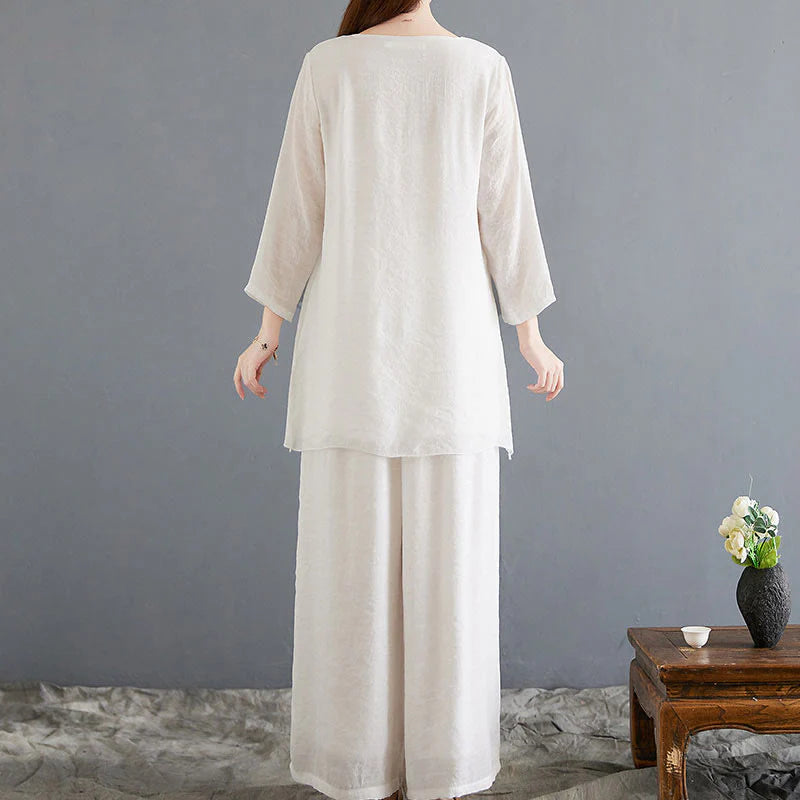 Buddha Stones 2Pcs Beige Chinese Frog-Button Design Long Sleeve Shirt Top Pants Meditation Zen Tai Chi Cotton Linen Clothing Women's Set