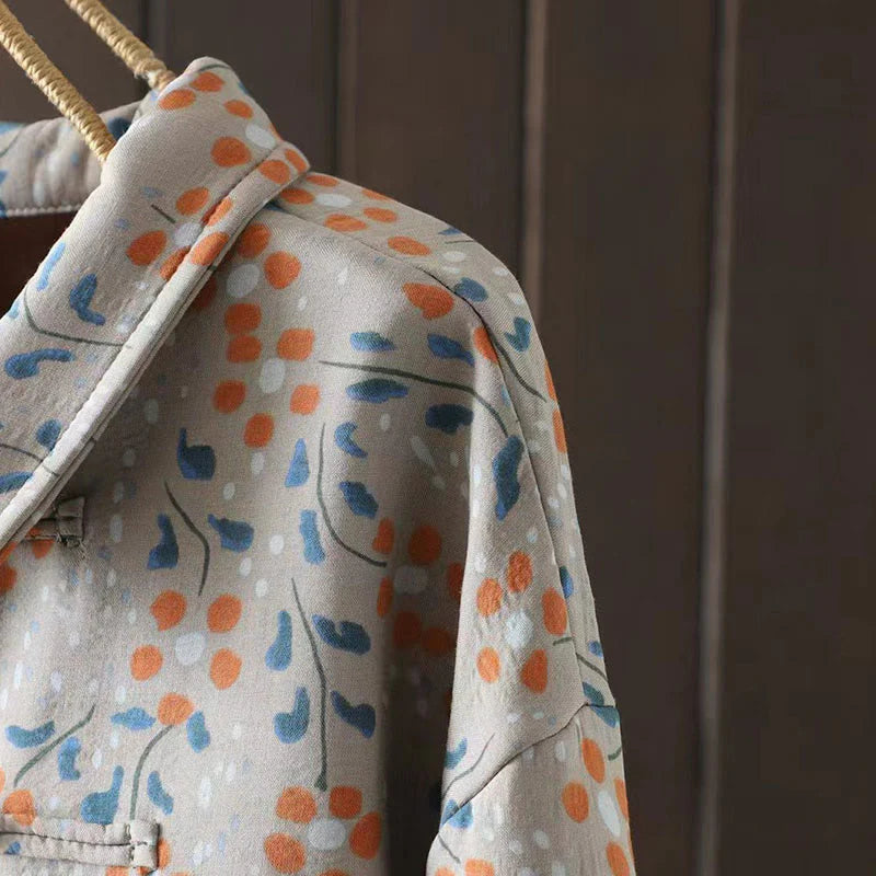 Buddha Stones Winter Flower Green Leaves Frog-Button Stand Collar Long Sleeve Women's Cotton Shirt