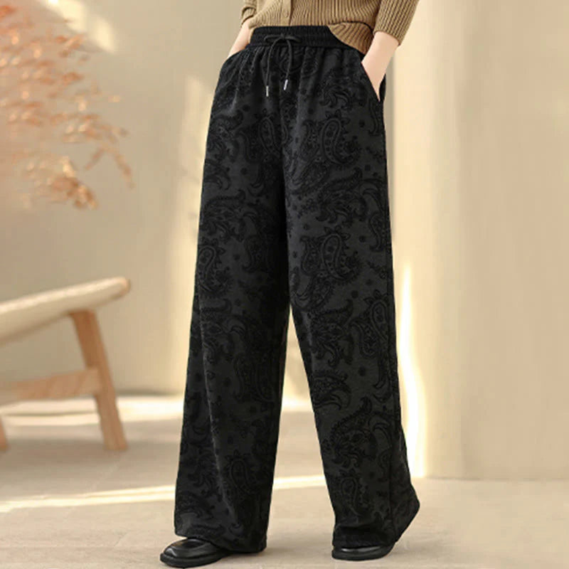 Buddha Stones Jacquard Paisley Pattern Women's Wide Leg Thermal Fleece-Lined Cotton Pants With Pockets