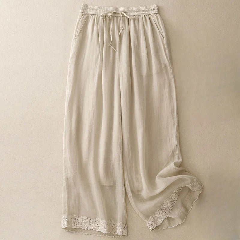 Buddha Stones Causal Vintage Plain Drawstring Lace Patchwork Design Women's Wide Leg Cotton Elastic Waistband Pants With Pockets