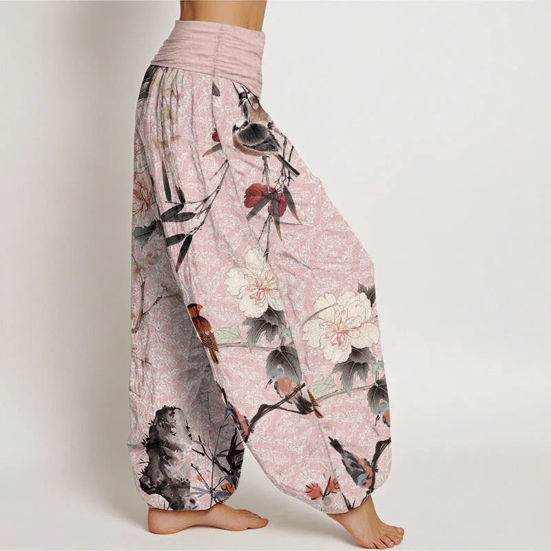 Buddha Stones Pure Cotton Warbler Bird Blooming Flower Branches Mandala Pattern Women's Elastic Waist Harem Pants