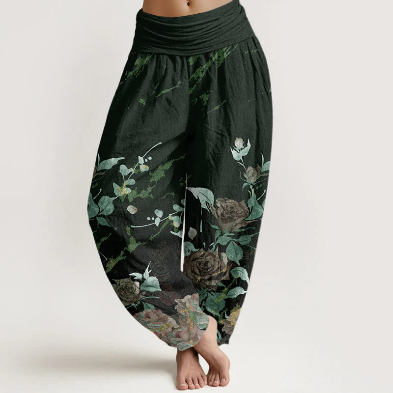 Buddha Stones Cotton Blooming Roses Pattern Women's Elastic Waist Harem Pants