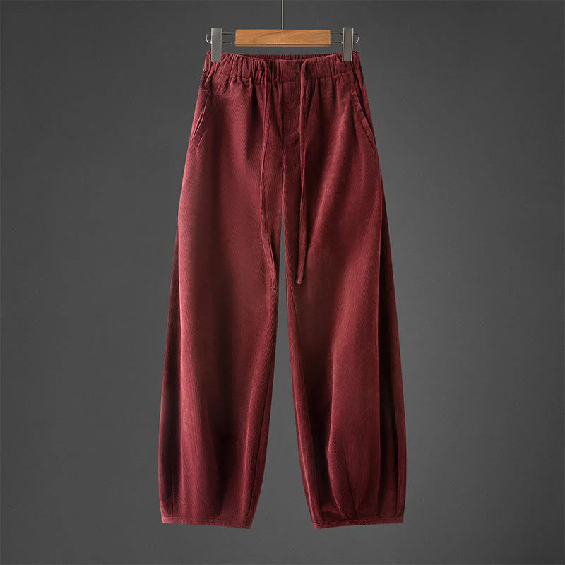 Buddha Stones Winter Men's Drawstring Plain Elastic Waistband Design Corduroy Pants With Pockets