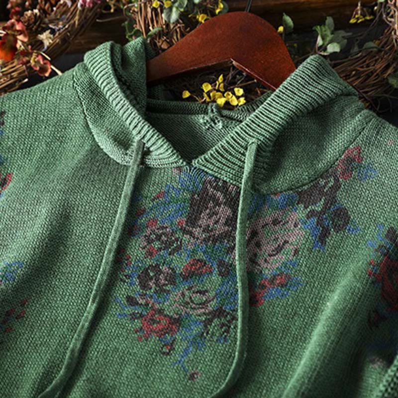 Buddha Stones Women's Knitted Floral Cotton Long Sleeve Hooded Sweater